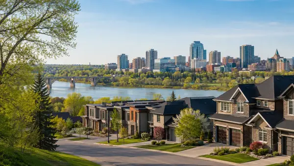 Aerial view of Saskatoon in spring with the South Saskatchewan River, downtown skyline and tree-lined streets